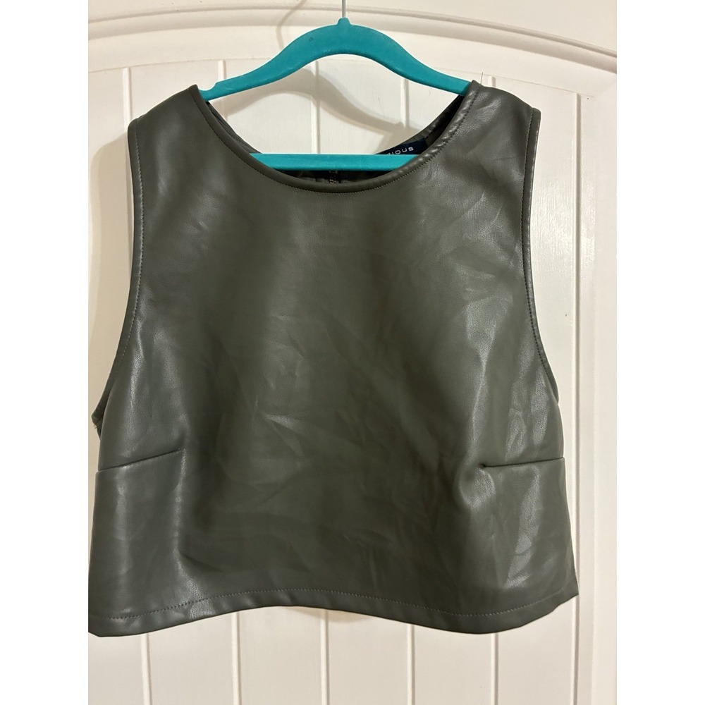 Kirious Womens Faux Leather Crop Top Olive Green Sleeveless Back Zip Large